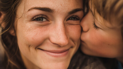 Sweet Moment of Child Kissing Mother on Cheek