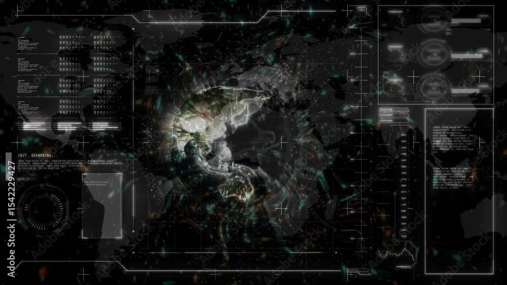 Poster scanning beam emerging over africa, illuminating grid, rippling streams and updating ui panels