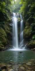 Fototapeta premium Tranquil Waterfall Scene. Verdant Jungle Envelops The Smooth, Moss-covered Rocks As Crystal Water Pours Into A Pond. Nature's Beauty And Peace For Meditation Or Travel Brochures. Find Serenity Here.
