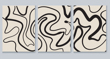  Triptych of abstract art featuring black lines on a beige background, resembling contour lines or a topographic map. Suitable for modern home decor.