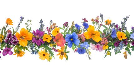 Bright flat lay of colorful summer florals forming a border isolated on a transparent background