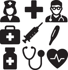 Medical and healthcare icon set. Containing syringe, nurse, heart with ECG, stethoscope, medicine bottle, and doctor symbols. Hospital and health service silhouettes. Solid icon collection.