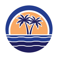 Tropical Sunset Scene Palm Trees Ocean Blue Orange Circle Logo Design