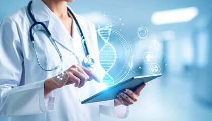 Medicine doctor touching electronic medical record on tablet. DNA. Digital healthcare and network connection on hologram modern virtual screen interface, medical technology and futuristic concept.