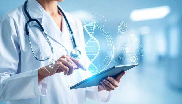 Medicine doctor touching electronic medical record on tablet. DNA. Digital healthcare and network connection on hologram modern virtual screen interface, medical technology and futuristic concept.