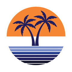 Two Dark Blue Palm Trees Silhouette Orange Sunset Blue Ocean Stripes Retro Design