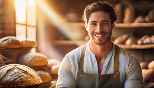 Passionate baker man in a cozy artisan bakery