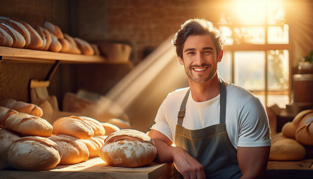 Passionate baker man in a cozy artisan bakery