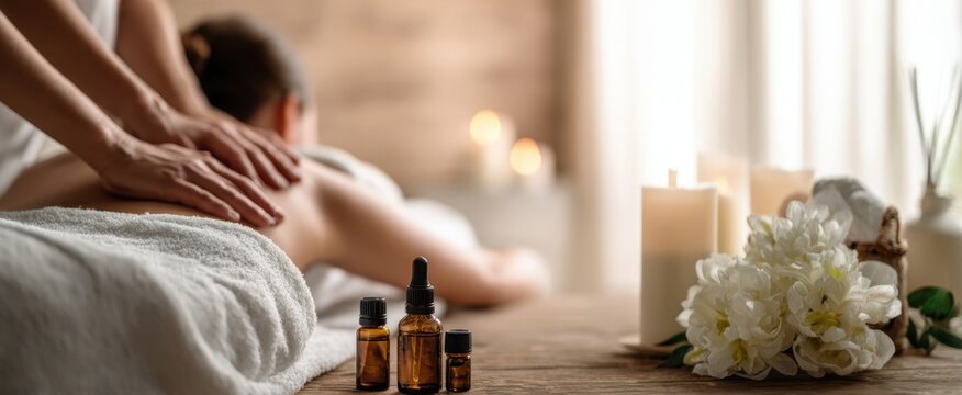 The serene atmosphere of a relaxing massage with essential oils and soothing candles.