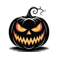 A cute but evil pumpkin with a stitched smile and glowing eye in cartoonish black silhouette vector