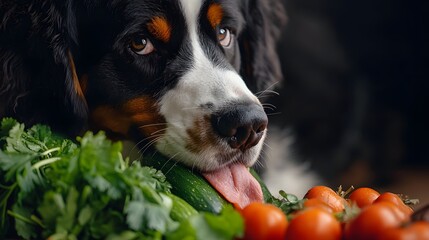 Dog Enjoying Fresh Vegetables with Tomatoes and Cucumber Nearby