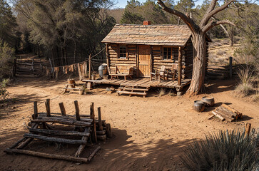 rustic pioneer cabin on a bright sunny day