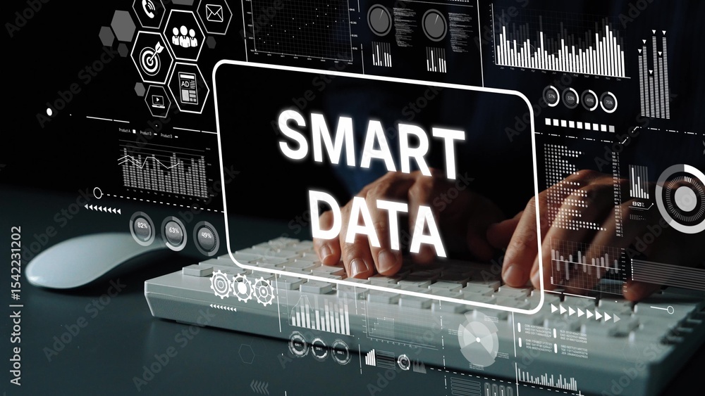 Fototapete Hands Typing on Keyboard with Data Graphics and Smart Data Concept in Dark Technology Environment. Asymptotic smart data analytic.