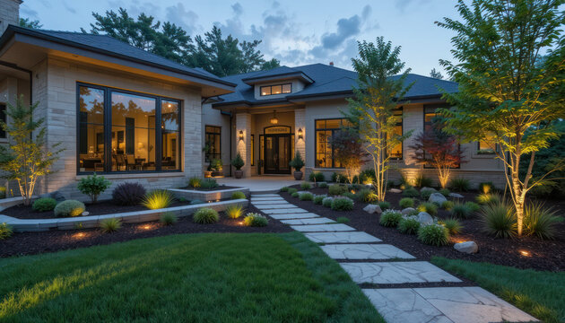 Tropical resort villa at night with ancient European stone architecture and a historic garden - Powered by Adobe