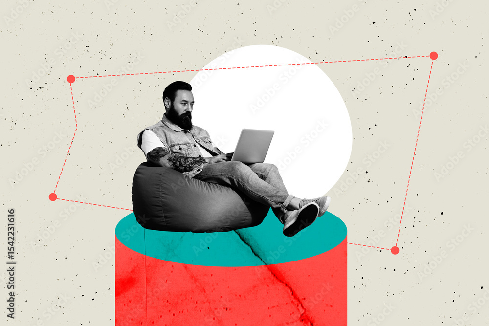 Poster sketch template 3d photo collage composite of young man sit beanbag work computer online virtual tec