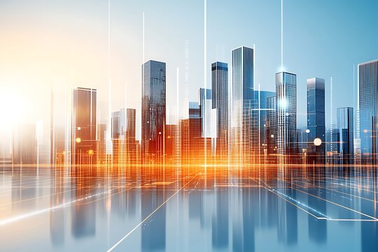 Futuristic cityscape with digital network, data streams and glowing connections, modern design