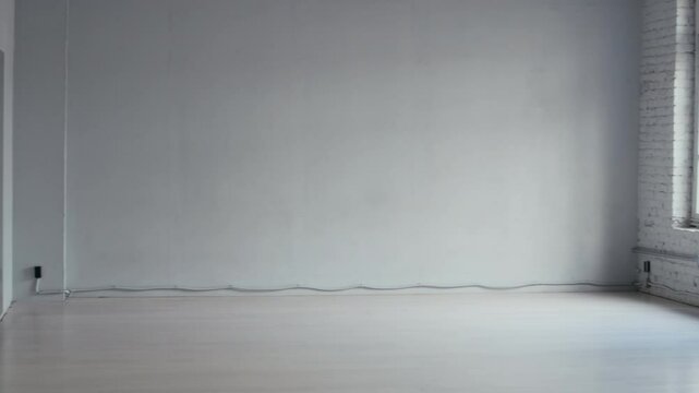 Pan wide shot of empty spacious dance studio with mirror walls and big windows, white minimalist style