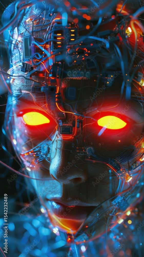 Poster futuristic robotic human with red eyes, representing advanced ai integration and innovation in cyber