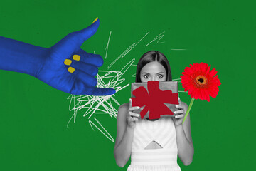 Banner 3d art pop image collage of happy girl hold gerbera flower bloom shaka hand body language...