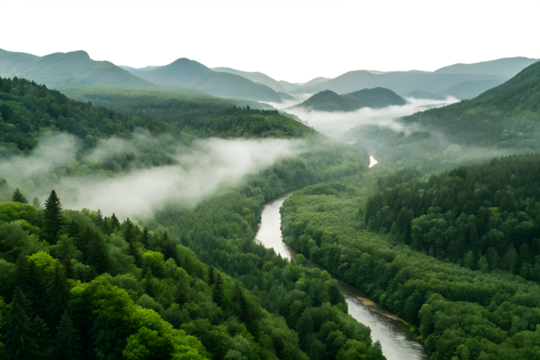 Misty Mountain River Valley Serene Landscape Photography - Powered by Adobe