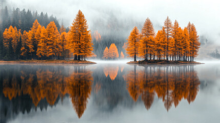 Obraz premium Serene Autumn Forest Reflected in a Foggy Lakeshore Scene