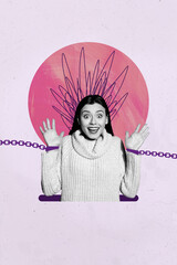 Art pop collage of person amazed tied hand cuffs on pink color background