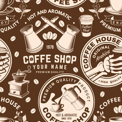 Coffee shop seamless pattern or background. Vector Seamless scene with paper coffee cup, branch of coffee tree, grinder silhouette. Coffee shop background for wallpaper or wrapper