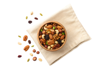 Delicious and Healthy Mix of Nuts and Dried Fruits in Wooden Bowl