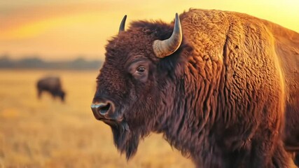 A large bison stands in a golden field at sunset, with another bison grazing in the blurred background. - Powered by Adobe