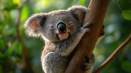Fototapeta premium Sleepy koala clinging to a tree branch