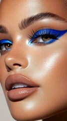 Bold and modern makeup look with blue eyeliner and glossy skin close-up