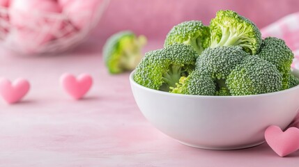 Fresh broccoli in white bowl with pink background and heart accents for healthy eating inspiration