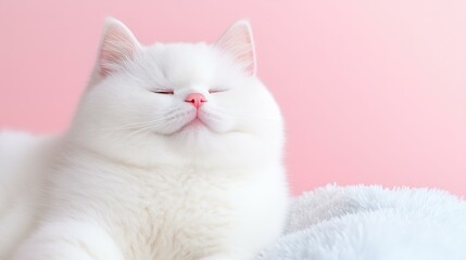 Serene white cat relaxing on soft blanket against delicate pink background