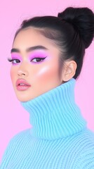 Vibrant beauty with bold makeup and pastel fashion on pink backdrop