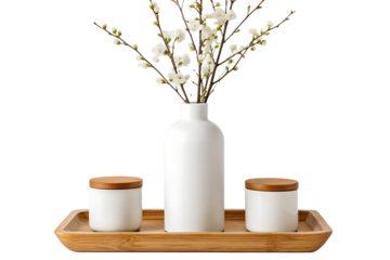 Elegant White Ceramic Vase with Bamboo Tray and Jars Home Decor Set