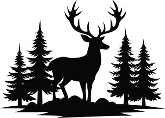 deer with pine trees and forest scenery  black silhouette vector illustration