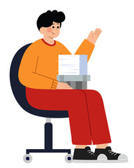 Young business man sitting with pile of paper in office vector illustration