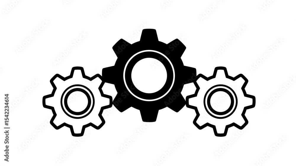Poster interlocking gears outline and solid vector icons - teamwork process symbol