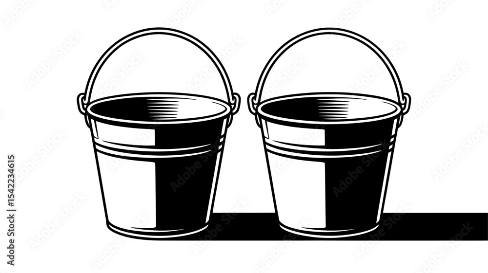 Poster empty bucket outline and solid vector icons - simple pail symbol set