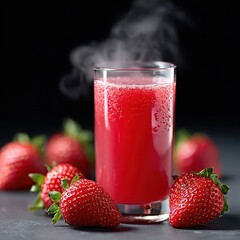 Refreshing Strawberry Drink with Steam Rising in Dark Background