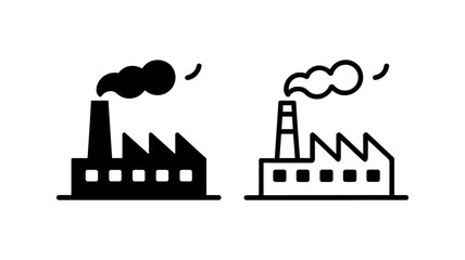 Factory Industrial Building Outline and Solid Vector Icons - Manufacturing Plant Symbol