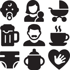 Parenting and baby care icon set. Containing parent holding child, baby bottle, heart with baby footprints, and bearded person symbol. Solid family and childcare silhouettes.