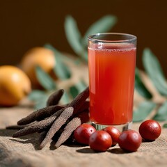 Refreshing Red Beverage with Fresh Fruits and Natural Elements