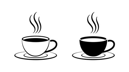 Steaming Coffee or Tea Cup Outline and Solid Vector Icons - Hot Drink Symbol
