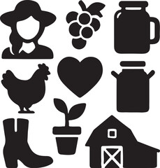 Farming and agriculture icon set. Containing cow, tractor, pitchfork, and corn symbols. Rural life and agricultural equipment silhouettes. Solid icon collection.