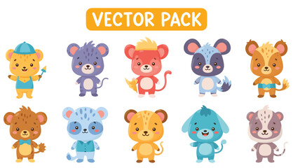 Cartoon animal characters vector pack with various colors and designs.