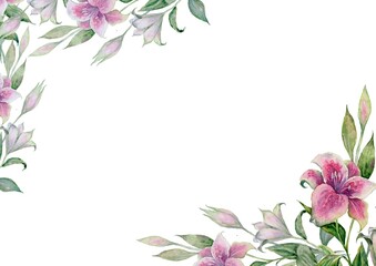 Soft watercolor pink and white lilies with green leaves on branches. Elegantly placed in corners on a vast white background. Floral design perfect for invitations, stationery, or digital backgrounds