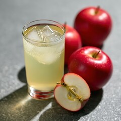Refreshing Apple Juice with Fresh Red Apples and Ice Cubes