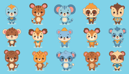 Cartoon animal characters with diverse fur patterns and cheerful expressions.