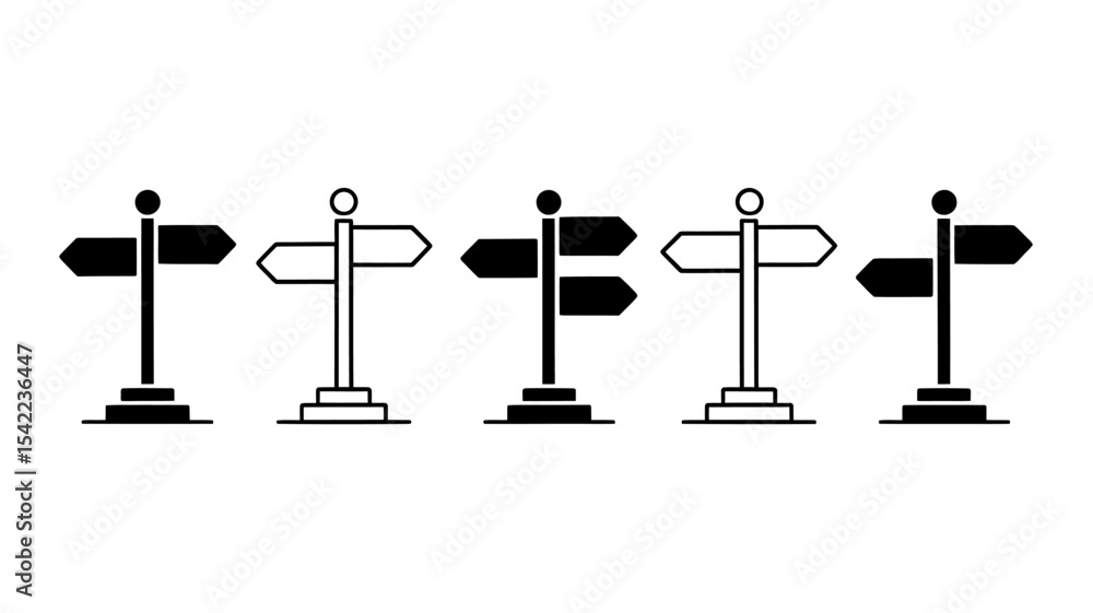 Poster direction signpost outline and solid vector icons set - wayfinding choice symbol